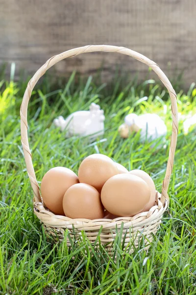 Mandje met eitjes op gras. Pasen symbool. — Stockfoto