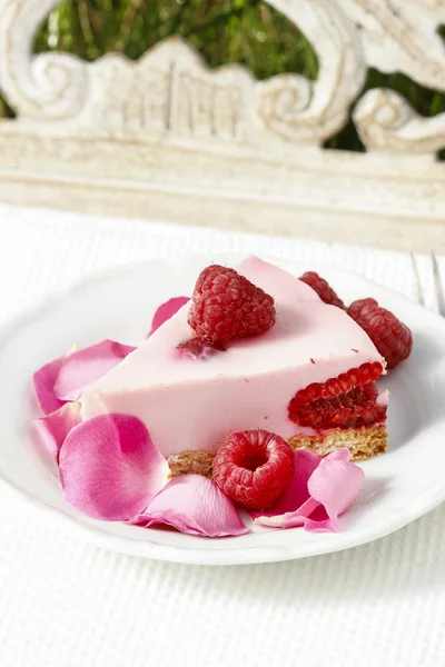 Pièce de gâteau aux framboises sur table en bois dans le jardin . — Photo