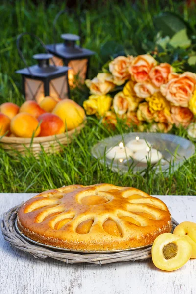 Torta rotonda di albicocche sul supporto della torta. Festa in giardino, focus selettivo — Foto Stock