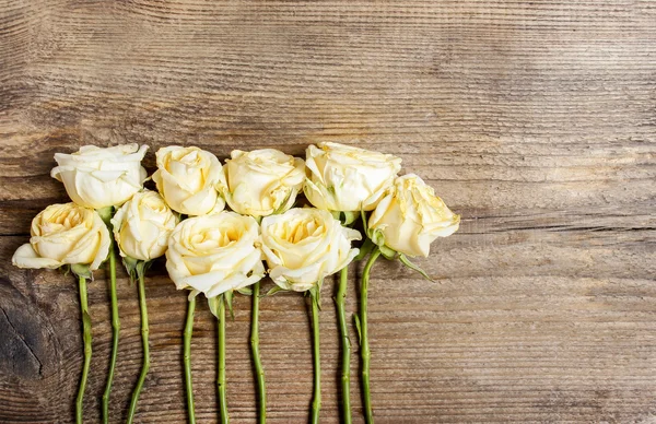 Pastel roses on wooden background. Copy space