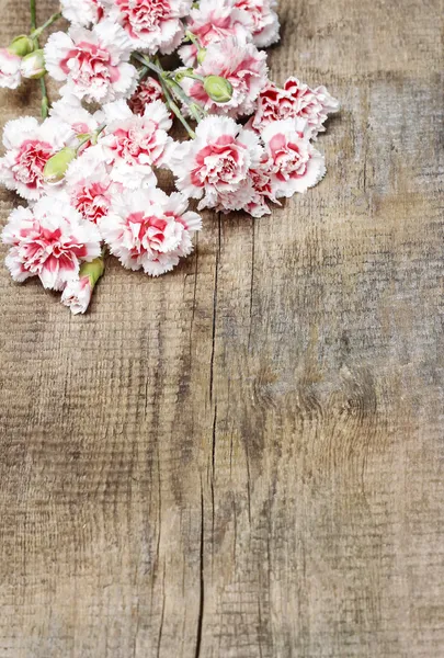 Red and white carnations on wooden table. Copy space, blank boar — Stock Photo, Image