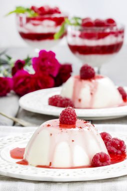 flan frambuaz sos ve taze meyve ile