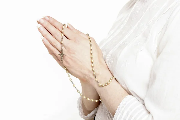 White rosary in beautiful hands — Stock Photo, Image