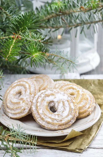 Round cookies on christmas eve table — Stock Photo, Image