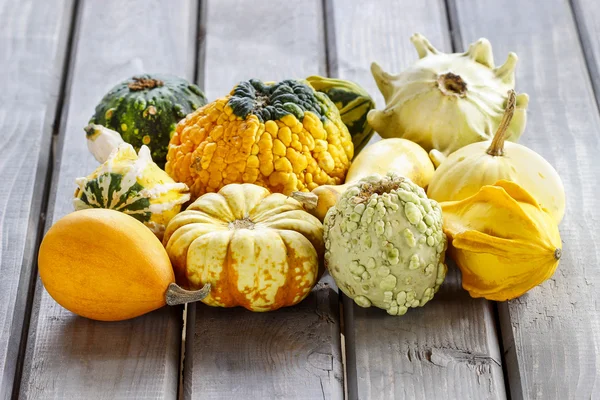 Colorful pumpkins on wooden table. Grass in the background — Stock Photo, Image