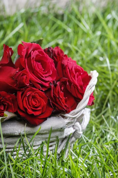 Korb mit Rosen auf grünem, üppigem Gras — Stockfoto