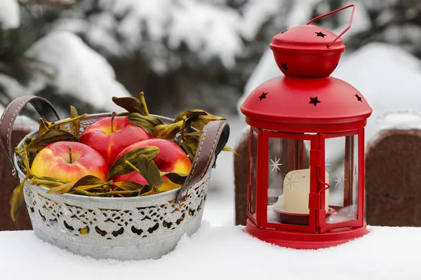 Silver bucket of apples and red lantern on snow, winter garden