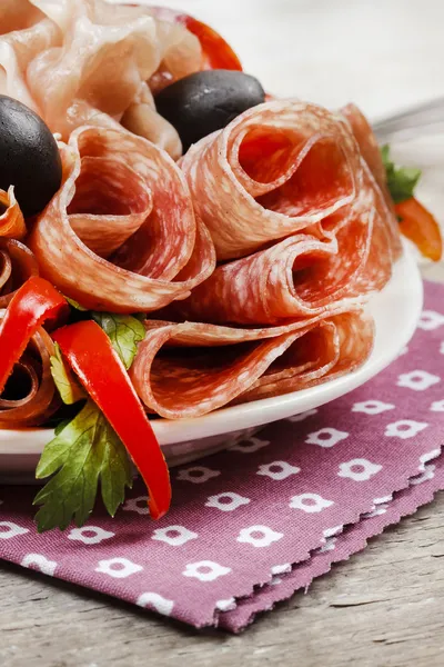 Delicious sliced ham. Party platter of assorted cured meats — Stock Photo, Image