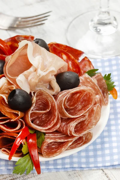 Delicious sliced ham. Party platter of assorted cured meats — Stock Photo, Image