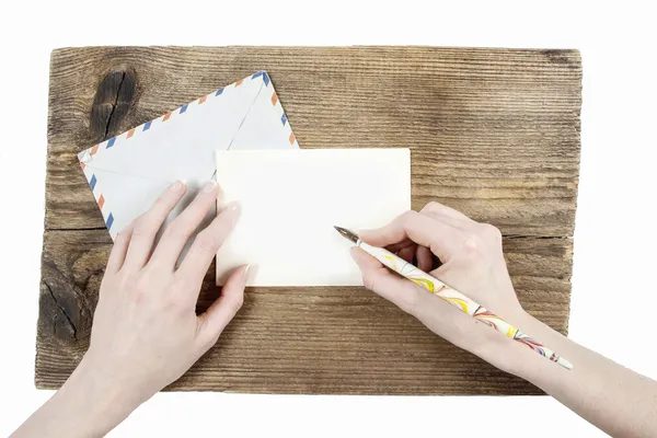 Mulher com belas mãos escrevendo uma carta. Elemento gráfico — Fotografia de Stock