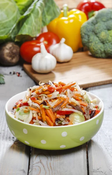 Fresh vegetable salad in green dotted bowl. Raw vegetables — Stock Photo, Image