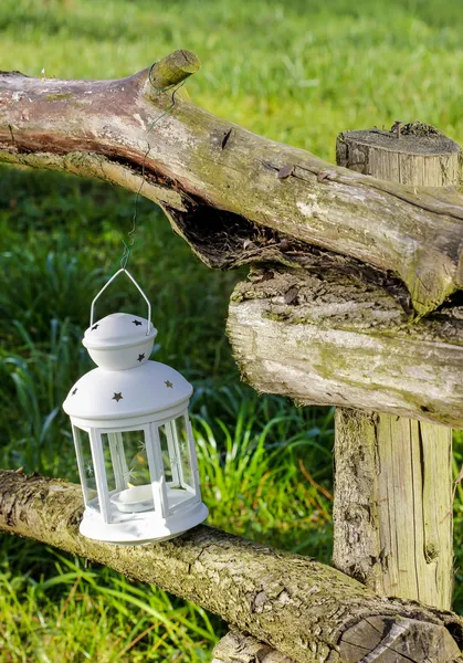 Beautiful white lantern in the garden. Sunny day, lush summer — Stock Photo, Image