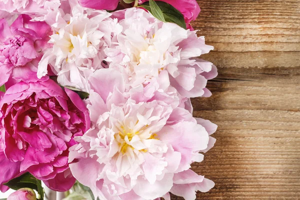 Stunning pink peonies on rustic wooden background. Copy space — Stock Photo, Image