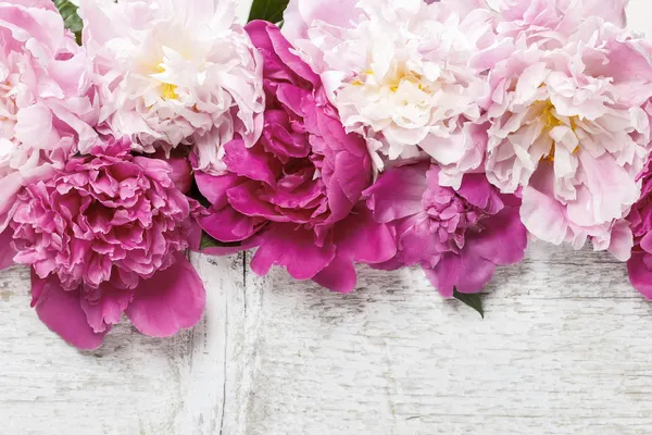 Prachtige roze pioenrozen op rustieke houten achtergrond. kopie ruimte — Stockfoto