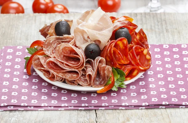 Delicious sliced ham. Party platter of assorted cured meats — Stock Photo, Image