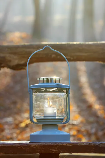 Beautiful lantern on wooden table in autumn forest — Stock Photo, Image