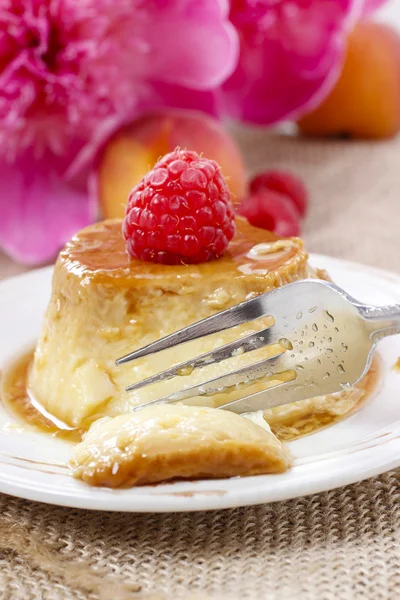 Creme Karamell und schöne rosa Pfingstrosen im Hintergrund — Stockfoto