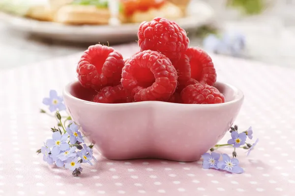 Kids party: bowl of fresh raspberries — Stock Photo, Image