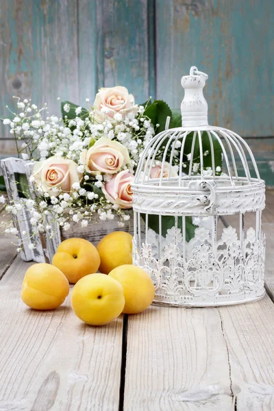 Vintage birdcage, beautiful pink roses and gypsophila paniculata — Stock Photo, Image