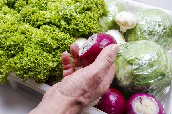 Man UI te kiezen in vak van verse groenten — Stockfoto