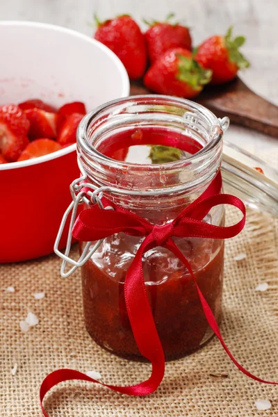 Strawberry jam in preserving glass — Stock Photo, Image