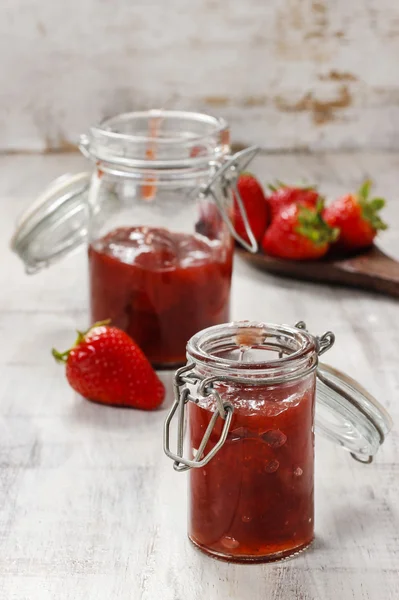 Strawberry jam in preserving glass — Stock Photo, Image