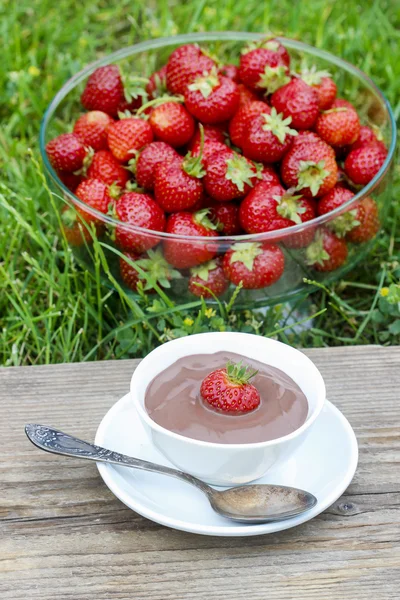 Pudim de chocolate cremoso na mesa de madeira no jardim. Vidro bo — Fotografia de Stock