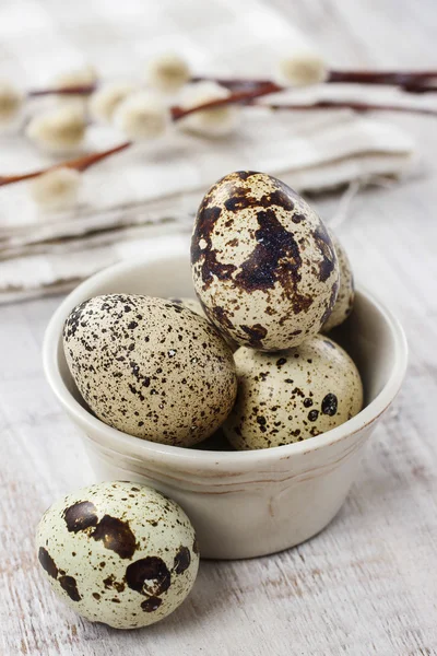 Quail eggs in ceramic bowl standing on rustic wooden table — Stock Photo, Image