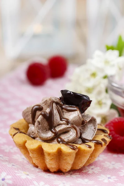 Pequeño pastel de hadas de chocolate en paño de tabla rosa —  Fotos de Stock