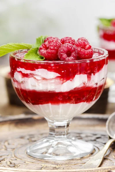 Raspberry layer dessert in glass bowl — Stock Photo, Image