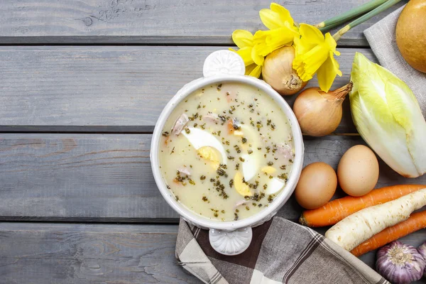 Vue du dessus de la soupe de seigle aigre à base de farine de seigle et de viande — Photo