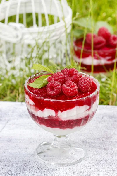 Postre de frambuesa de capa en mesa de fiesta de jardín. Césped exuberante en el —  Fotos de Stock