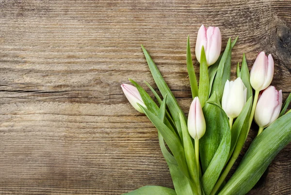 Hermosos tulipanes rosados y blancos sobre fondo de madera. Copiar espacio —  Fotos de Stock