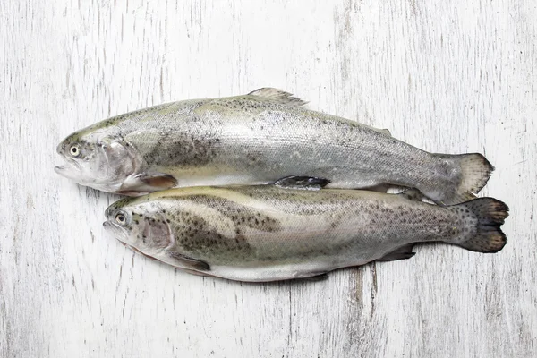 Two rainbow trouts on rustic wooden table — Stock Photo, Image
