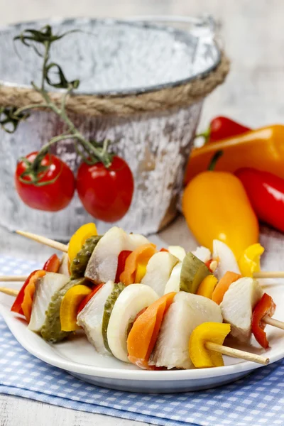 Shashlik made of fish and vegetables, party snack — Stock Photo, Image