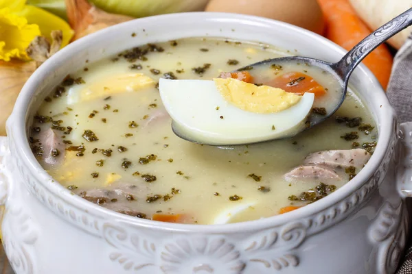 The sour rye soup made of soured rye flour and meat (usually boi — Stock Photo, Image