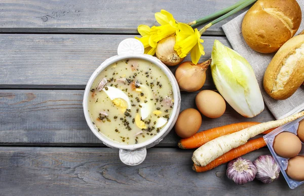 Top view of the sour rye soup made of soured rye flour and meat — Stock Photo, Image