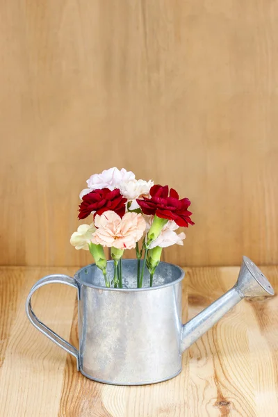 Beautiful carnation flowers in silver watering can, on wooden ba — Stock Photo, Image