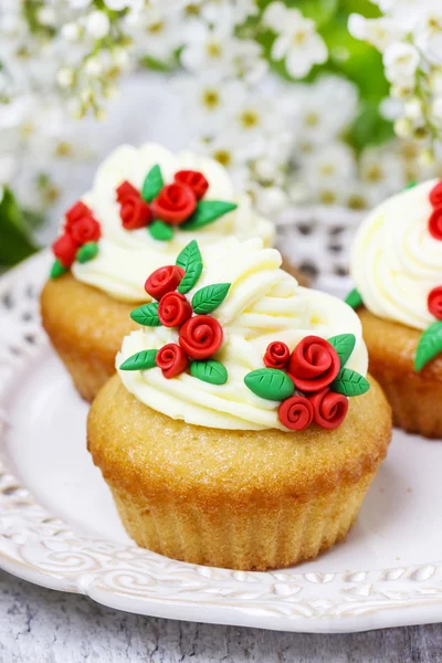 Bella rosa cupcake e ciliegie uccello sullo sfondo — Foto Stock