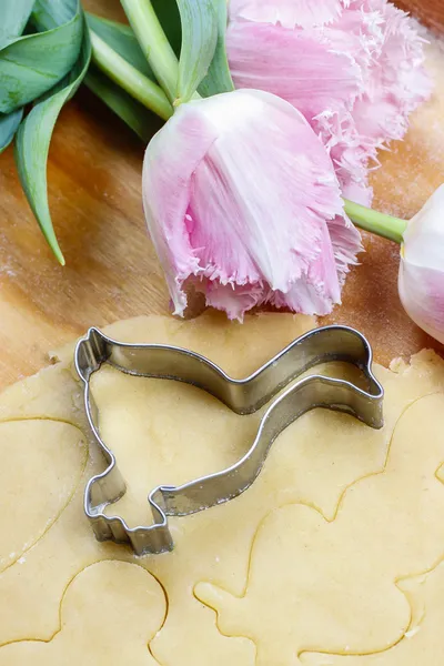 Preparing easter gingerbread cookies. Steps of making pastry. Stock Photo