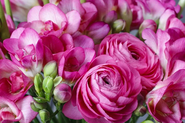 Букет розовых цветов фрезии и розовый персидский цветок лютик — стоковое фото