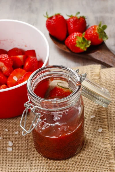 Strawberry jam in preserving glass — Stock Photo, Image