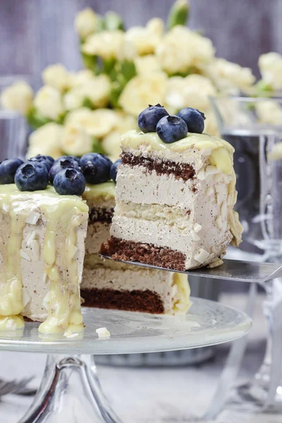 Pastel de chocolate blanco y negro decorado con arándanos — Foto de Stock