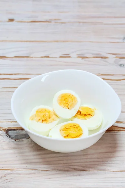 Hard Boiled Eggs White Bowl Wooden Table Lunch Time — Foto de Stock