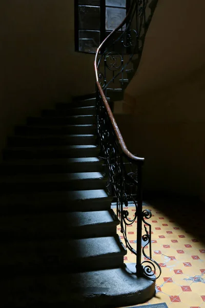 Eine Antike Treppe Mit Schmiedeeisernem Geländer Dunkeln Grafische Ressourcen — Stockfoto