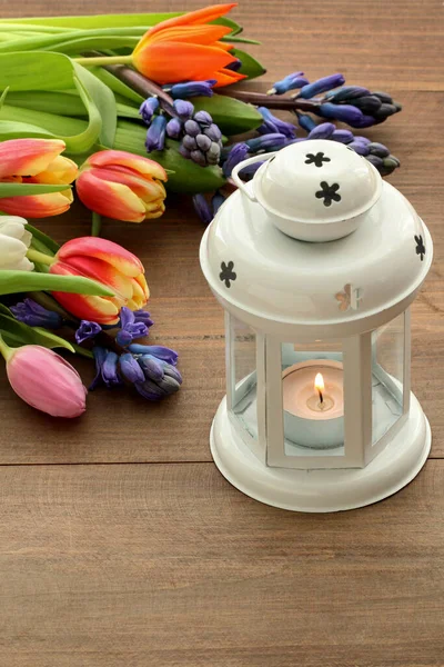 Tulip Hyacinth Flowers Wooden Background White Iron Lantern Party Decor —  Fotos de Stock