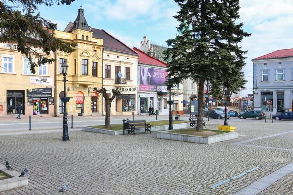 Kleurrijke Woningen Aan Het Oude Stadsplein Brzesko Polen — Stockfoto