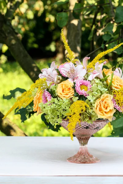 Modern Table Centerpiece Summer Wedding Lot Greenery Being Composed Stunning — Stock Photo, Image