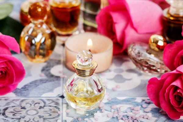 Tiny Parfum Bottle Other Cosmetics Spa Time — Stock Photo, Image