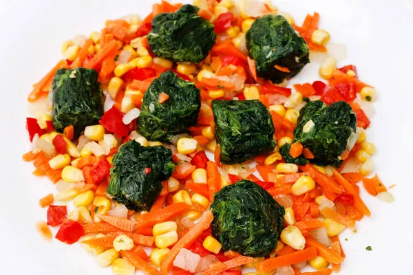 Vegan Meal Carrot Corn Spinach Healthy Food — Photo